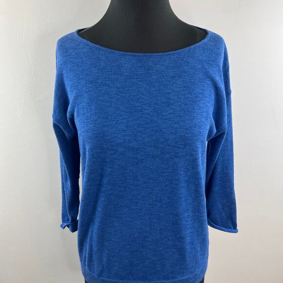 White + Warren Blue Sweater Cotton Boat Neck 3/4 Sleeve Size Small S - Picture 2 of 7